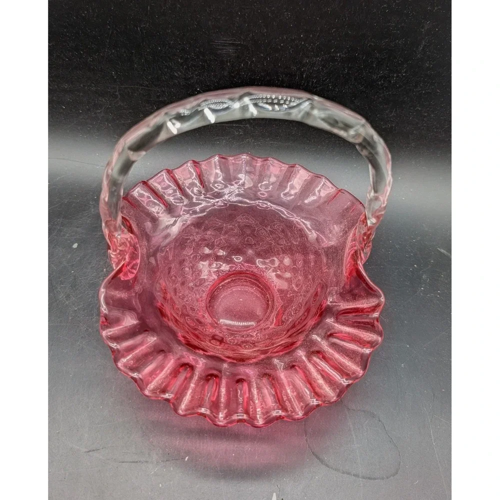 Vintage Cranberry Glass Basket Diamond Quilt Ruffled Rim Clear Thorn Handle Pink